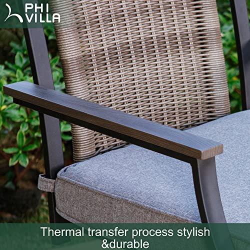 PHI VILLA Outdoor Swivel Bar Stools with Rattan Backrest and Wood-Like Armrest Set of 2, Bar Height Patio Chair with 3.5" Padded Grey Cushion,All Weather for Garden,Yard,Lawn