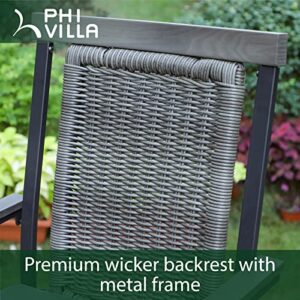 PHI VILLA Outdoor Swivel Bar Stools with Rattan Backrest and Wood-Like Armrest Set of 2, Bar Height Patio Chair with 3.5" Padded Grey Cushion,All Weather for Garden,Yard,Lawn