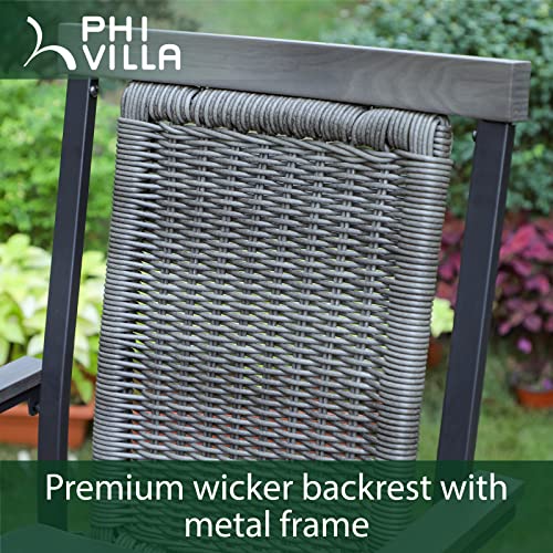 PHI VILLA Outdoor Swivel Bar Stools with Rattan Backrest and Wood-Like Armrest Set of 2, Bar Height Patio Chair with 3.5" Padded Grey Cushion,All Weather for Garden,Yard,Lawn