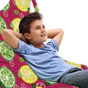 ambesonne lemons lounger chair bag, illustration of sliced citrus with lime leaves and ice cubes, high capacity storage with handle container, lounger size, magenta green