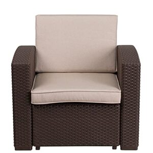 Flash Furniture Chocolate Brown Faux Rattan Chair with All-Weather Beige Cushion