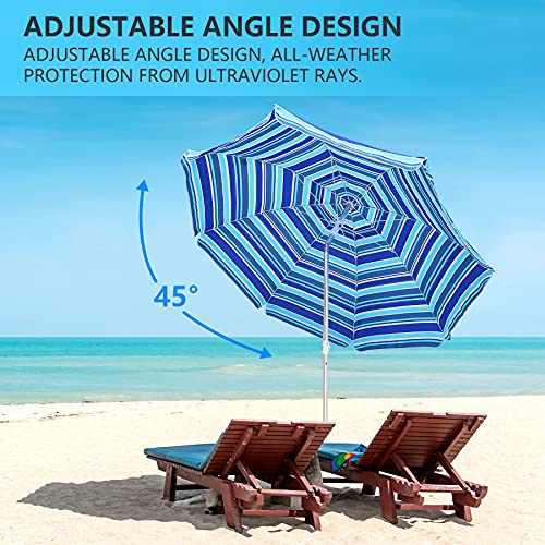 Hanekuc 6.5FT UV 50+ Beach Umbrella for Sand heavy duty wind Resistant Lightweight and Portable with Sand Anchor & Tilt Mechanism Sun Shade, Blue Green Stripe