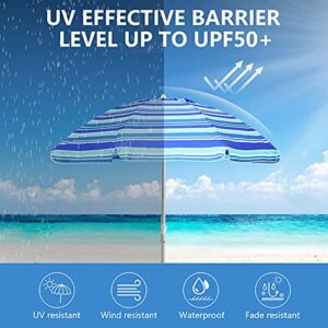 Hanekuc 6.5FT UV 50+ Beach Umbrella for Sand heavy duty wind Resistant Lightweight and Portable with Sand Anchor & Tilt Mechanism Sun Shade, Blue Green Stripe