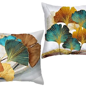 Throw Pillow Cover Farhouse Plant Leaves - 18 x 18 Inch Gold Ginkgo Leaf Pillow Cushion Cover - Set of 2 Square Marble Pillow Cushion Case, Great for Sofa, Bedroom, Chair, Yard, Outdoor Decor