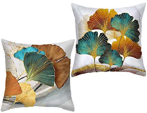 Throw Pillow Cover Farhouse Plant Leaves - 18 x 18 Inch Gold Ginkgo Leaf Pillow Cushion Cover - Set of 2 Square Marble Pillow Cushion Case, Great for Sofa, Bedroom, Chair, Yard, Outdoor Decor