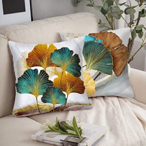 Throw Pillow Cover Farhouse Plant Leaves - 18 x 18 Inch Gold Ginkgo Leaf Pillow Cushion Cover - Set of 2 Square Marble Pillow Cushion Case, Great for Sofa, Bedroom, Chair, Yard, Outdoor Decor