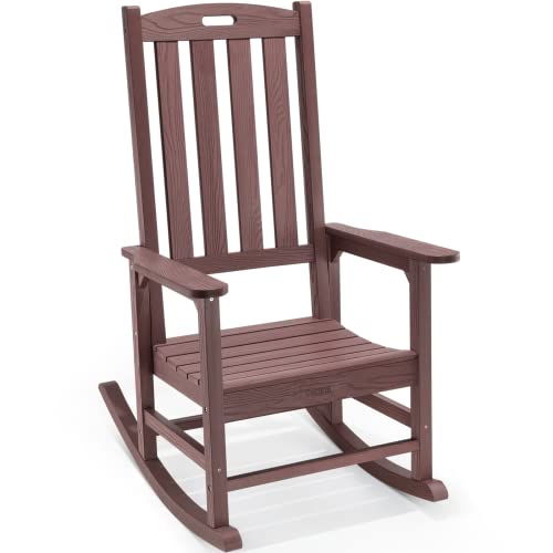 Cecarol Oversized Wood Grain Outdoor Chair, All Weather Rocking Chair Outdoor with High Back Front, Rocker Chair for Outdoor, Balcony and Porch Furniture, Coffee-PRC01