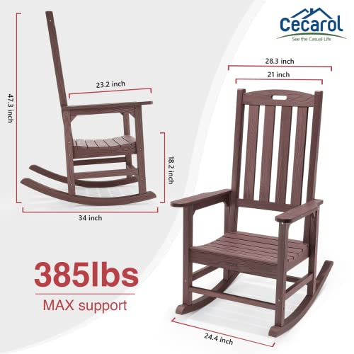 Cecarol Oversized Wood Grain Outdoor Chair, All Weather Rocking Chair Outdoor with High Back Front, Rocker Chair for Outdoor, Balcony and Porch Furniture, Coffee-PRC01