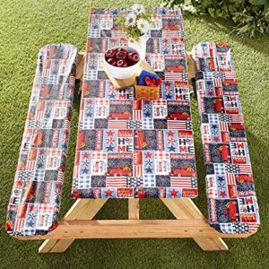 The Lakeside Collection Picnic Table and Bench Seat Covers with Elastic Edges - Americana - 3 Pieces