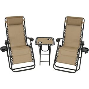 sunnydaze outdoor zero gravity chair 2 pack with patio table cupholders and pillows included khaki