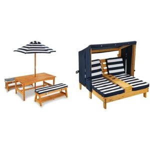 kidkraft outdoor table and chair set with cushions and navy stripes & outdoor double chaise lounge, honey/navy/white, one size