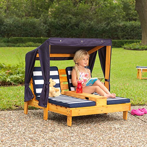 KidKraft Outdoor Table and Chair Set with Cushions and Navy Stripes & Outdoor Double Chaise Lounge, Honey/Navy/White, One Size