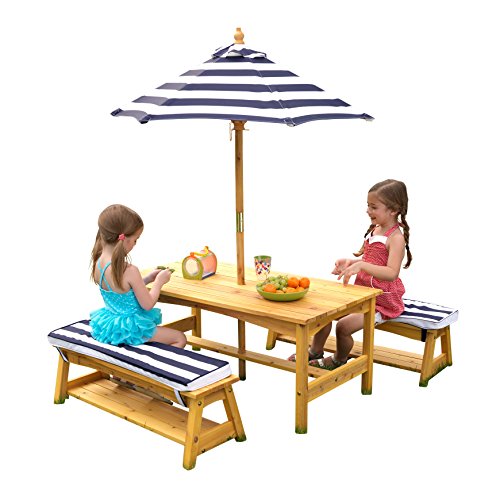 KidKraft Outdoor Table and Chair Set with Cushions and Navy Stripes & Outdoor Double Chaise Lounge, Honey/Navy/White, One Size