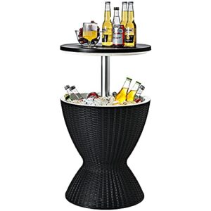 giantex cool bar table, 8 gallon beer and wine cooler, rattan style patio bar tables, height adjustable, 3-in-1 ice cooler with drainage plug, outdoor cocktail table for deck pool party (black)