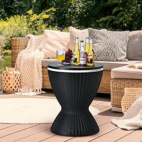 Giantex Cool Bar Table, 8 Gallon Beer and Wine Cooler, Rattan Style Patio Bar Tables, Height Adjustable, 3-in-1 Ice Cooler with Drainage Plug, Outdoor Cocktail Table for Deck Pool Party (Black)