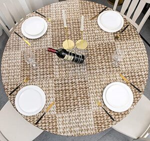 mimdmi table cloth, fitted round plastic vinyl tablecloth with flannel backing and elastic edge, waterproof table protector for dining room table (wicker, large, 43-56 inch )