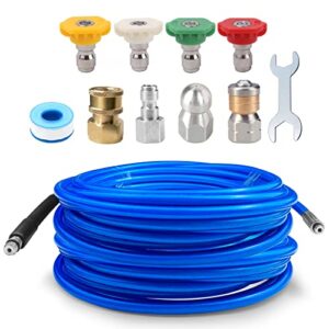 sewer jetter kit for pressure washer，50ft clog hog drain cleaner hose 5800psi npt 1/4 inch hose button nose and rotating sewer jetting nozzle, orifice 4.0, 4.5