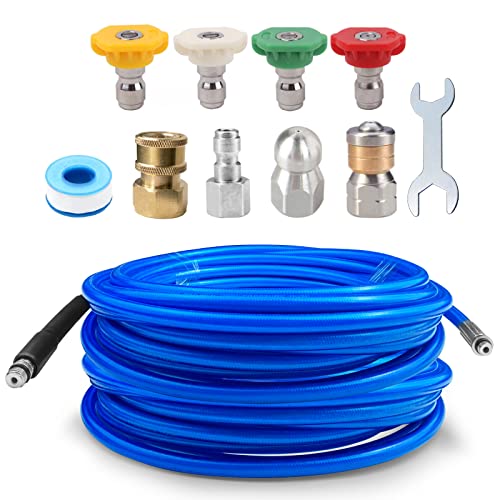 Sewer Jetter Kit for Pressure Washer，50FT Clog Hog Drain Cleaner Hose 5800PSI NPT 1/4 Inch Hose Button Nose and Rotating Sewer Jetting Nozzle, Orifice 4.0, 4.5