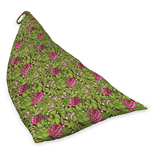 Ambesonne Vintage Lounger Chair Bag, Swirling Green Spring Leaves Pink Blossoms Traditional Scroll Pattern, High Capacity Storage with Handle Container, Lounger Size, Apple Green Pink Brown