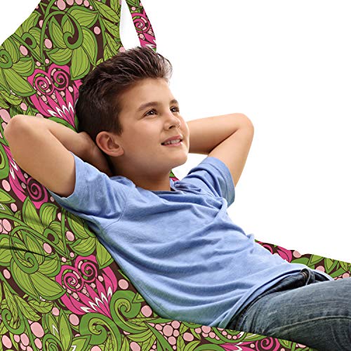 Ambesonne Vintage Lounger Chair Bag, Swirling Green Spring Leaves Pink Blossoms Traditional Scroll Pattern, High Capacity Storage with Handle Container, Lounger Size, Apple Green Pink Brown