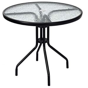 tangkula 32” outdoor dining table round, tempered glass top steel frame with 1.6 inch umbrella hole, all weather patio side table for backyard lawn balcony poolside or garden