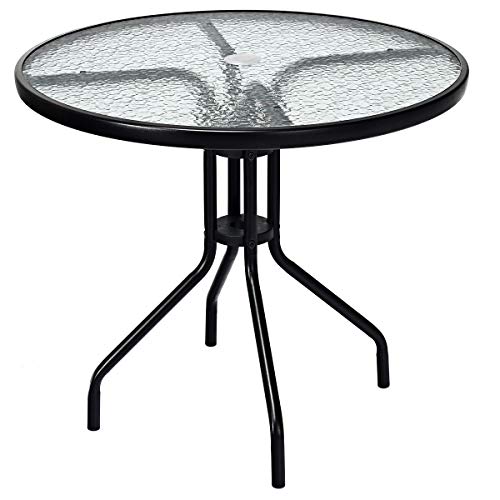 Tangkula 32” Outdoor Dining Table Round, Tempered Glass Top Steel Frame with 1.6 inch Umbrella Hole, All Weather Patio Side Table for Backyard Lawn Balcony Poolside or Garden