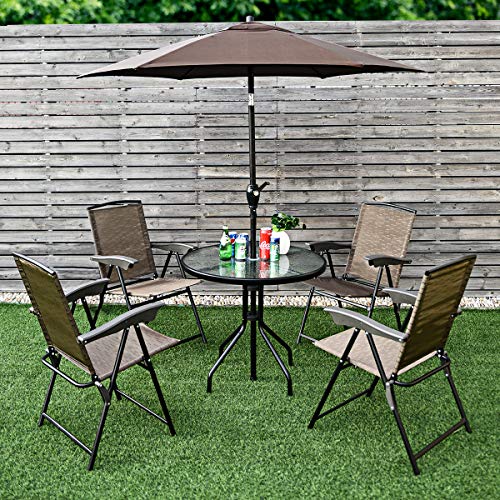 Tangkula 32” Outdoor Dining Table Round, Tempered Glass Top Steel Frame with 1.6 inch Umbrella Hole, All Weather Patio Side Table for Backyard Lawn Balcony Poolside or Garden