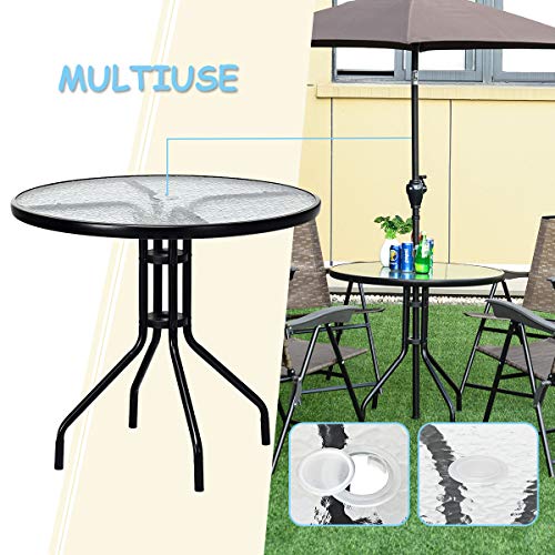 Tangkula 32” Outdoor Dining Table Round, Tempered Glass Top Steel Frame with 1.6 inch Umbrella Hole, All Weather Patio Side Table for Backyard Lawn Balcony Poolside or Garden