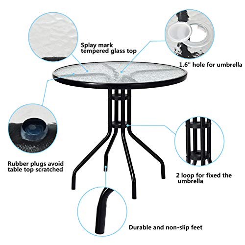 Tangkula 32” Outdoor Dining Table Round, Tempered Glass Top Steel Frame with 1.6 inch Umbrella Hole, All Weather Patio Side Table for Backyard Lawn Balcony Poolside or Garden