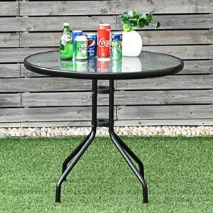 Tangkula 32” Outdoor Dining Table Round, Tempered Glass Top Steel Frame with 1.6 inch Umbrella Hole, All Weather Patio Side Table for Backyard Lawn Balcony Poolside or Garden