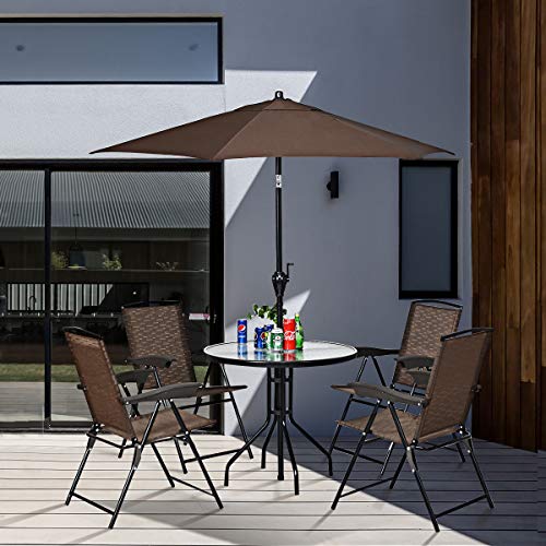 Tangkula 32” Outdoor Dining Table Round, Tempered Glass Top Steel Frame with 1.6 inch Umbrella Hole, All Weather Patio Side Table for Backyard Lawn Balcony Poolside or Garden