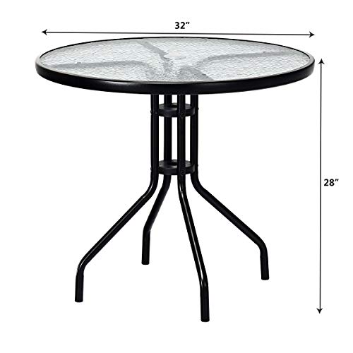 Tangkula 32” Outdoor Dining Table Round, Tempered Glass Top Steel Frame with 1.6 inch Umbrella Hole, All Weather Patio Side Table for Backyard Lawn Balcony Poolside or Garden