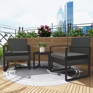 layinsun 3 pieces patio set outdoor wicker conversation bistro set,pe rattan chairs with coffee table for porch lawn garden backyard (black)