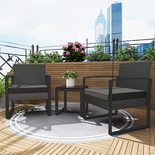 LayinSun 3 Pieces Patio Set Outdoor Wicker Conversation Bistro Set,PE Rattan Chairs with Coffee Table for Porch Lawn Garden Backyard (Black)