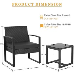 LayinSun 3 Pieces Patio Set Outdoor Wicker Conversation Bistro Set,PE Rattan Chairs with Coffee Table for Porch Lawn Garden Backyard (Black)