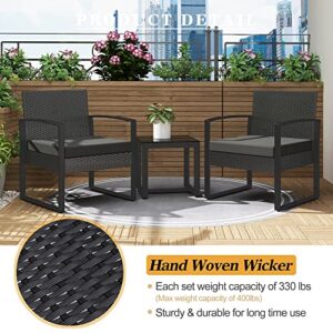 LayinSun 3 Pieces Patio Set Outdoor Wicker Conversation Bistro Set,PE Rattan Chairs with Coffee Table for Porch Lawn Garden Backyard (Black)