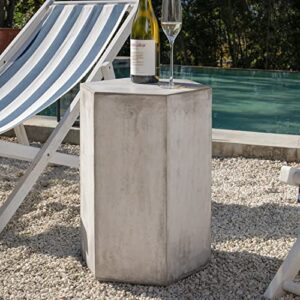 cosiest concrete accent table, hexagon patio side table 14.5”wx20”h, modular design indoor outdoor end table, distressed grey white patina