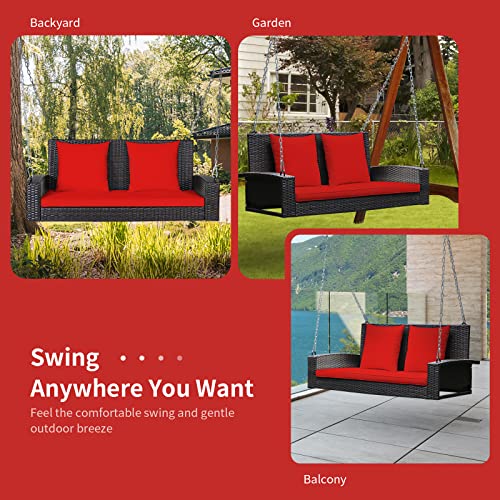RELAX4LIFE Porch Swing 2-Seat Patio Rattan, Wicker Porch Swings Outdoor W/ Two 7.9 Ft Solid Steel Chain, Comfortable Back & Seat Cushions, for Front Porch, Garden, Backyard Patio Swing (Red)