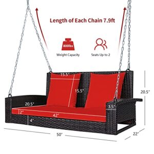 RELAX4LIFE Porch Swing 2-Seat Patio Rattan, Wicker Porch Swings Outdoor W/ Two 7.9 Ft Solid Steel Chain, Comfortable Back & Seat Cushions, for Front Porch, Garden, Backyard Patio Swing (Red)