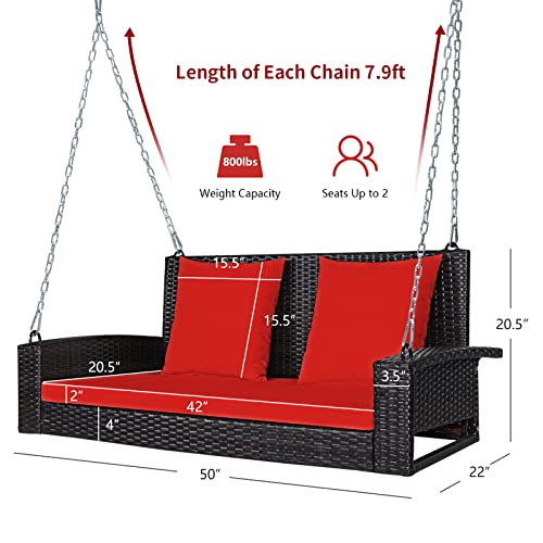 RELAX4LIFE Porch Swing 2-Seat Patio Rattan, Wicker Porch Swings Outdoor W/ Two 7.9 Ft Solid Steel Chain, Comfortable Back & Seat Cushions, for Front Porch, Garden, Backyard Patio Swing (Red)