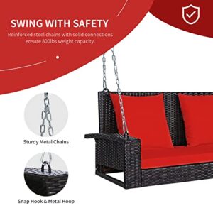 RELAX4LIFE Porch Swing 2-Seat Patio Rattan, Wicker Porch Swings Outdoor W/ Two 7.9 Ft Solid Steel Chain, Comfortable Back & Seat Cushions, for Front Porch, Garden, Backyard Patio Swing (Red)