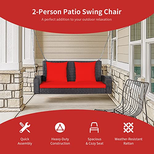 RELAX4LIFE Porch Swing 2-Seat Patio Rattan, Wicker Porch Swings Outdoor W/ Two 7.9 Ft Solid Steel Chain, Comfortable Back & Seat Cushions, for Front Porch, Garden, Backyard Patio Swing (Red)