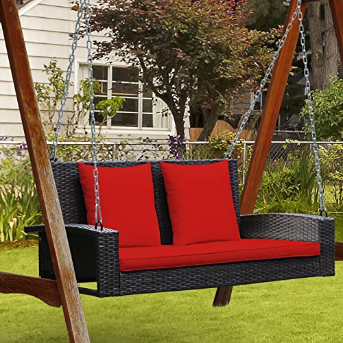 RELAX4LIFE Porch Swing 2-Seat Patio Rattan, Wicker Porch Swings Outdoor W/ Two 7.9 Ft Solid Steel Chain, Comfortable Back & Seat Cushions, for Front Porch, Garden, Backyard Patio Swing (Red)