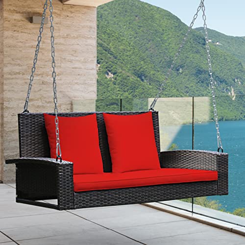 RELAX4LIFE Porch Swing 2-Seat Patio Rattan, Wicker Porch Swings Outdoor W/ Two 7.9 Ft Solid Steel Chain, Comfortable Back & Seat Cushions, for Front Porch, Garden, Backyard Patio Swing (Red)