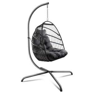 fuzofuiz swing egg chair with stand indoor outdoor wicker rattan patio basket hanging chair with c type bracket, with cushion and pillow,patio wicker folding hanging chair (black)
