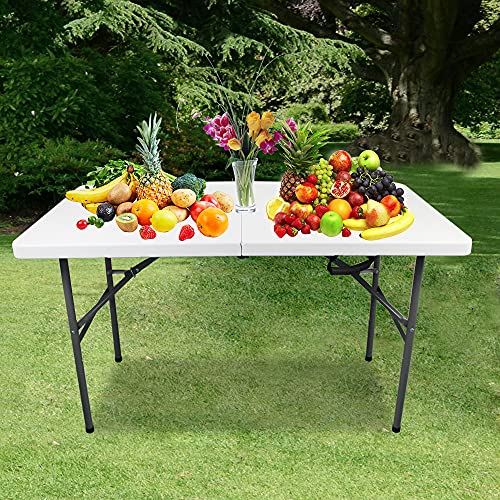 AMIATCH Portable Folding Camping Table, 4ft Heavy Duty Picnic Table Fold in Half Plastic Picnic Desk with Handle for Indoor Outdoor