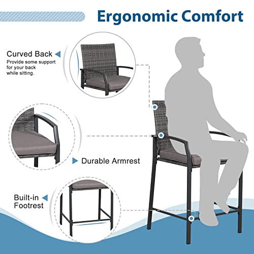 JOIVI Outdoor Wicker Bar Stools Set of 2, Patio Rattan Counter Height Chairs with Cushions, Armrest and Footrest for Indoor, Garden, Poolside, Lawn, Backyard