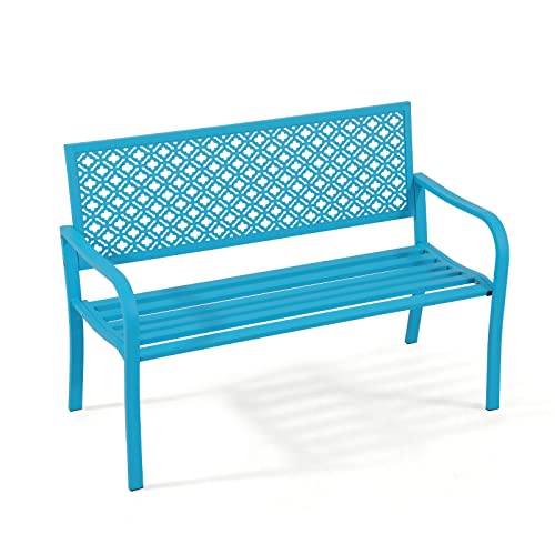 Verano Garden Outdoor Patio Bench Rust-Resistant Metal Park Bench with Armrest, Blue Garden Bench for Yard, Porch, Park, Lawn