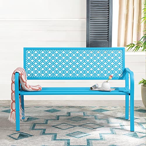 Verano Garden Outdoor Patio Bench Rust-Resistant Metal Park Bench with Armrest, Blue Garden Bench for Yard, Porch, Park, Lawn