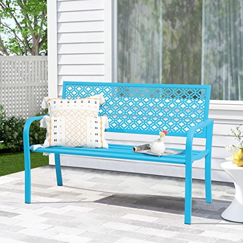 Verano Garden Outdoor Patio Bench Rust-Resistant Metal Park Bench with Armrest, Blue Garden Bench for Yard, Porch, Park, Lawn